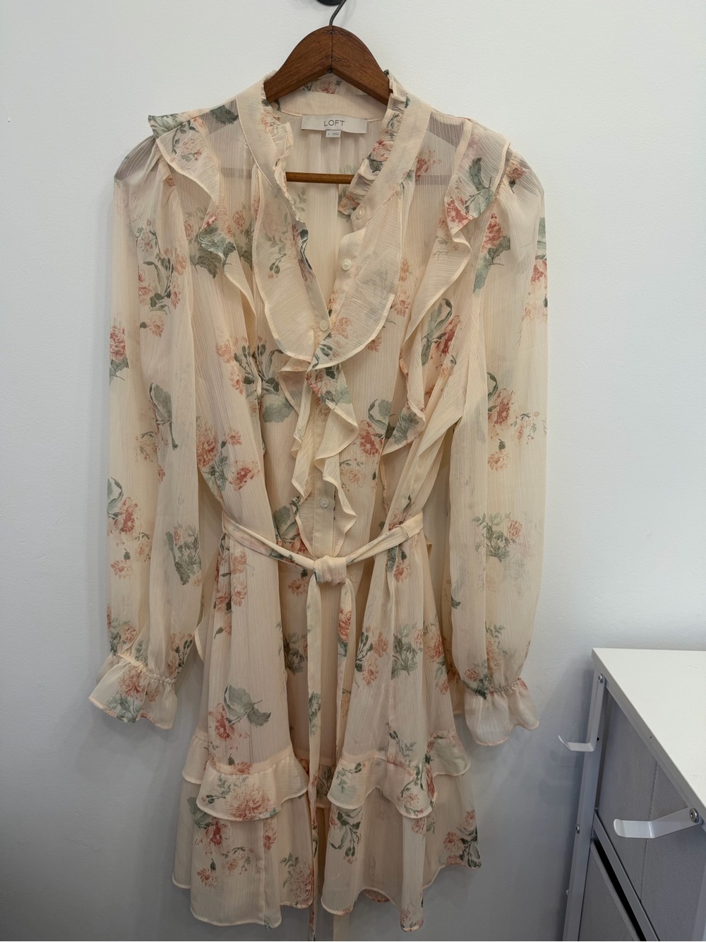 Zimmerman look for less by- LOFT.Cream Floral Ruffle Tie-Waist Long Sleeve Dress